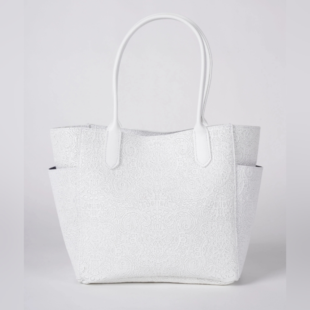 B. May Chantilly embossed white leather tote with side pockets